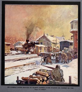 Een gevecht tussen de Rode en Witte Garde op een treinstation, uit Histoire des Soviets, uitgegeven 1922 door Georges Carrey