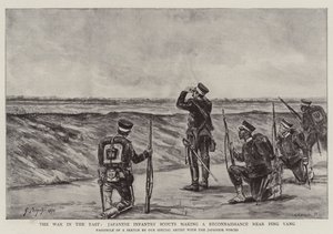 De oorlog in het oosten, Japanse infanteriescouts die een verkenning uitvoeren nabij Ping Yang