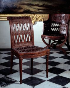 Stoel besteld voor de zuivelboerderij van Marie Antoinette. Gesneden mahoniehouten meubel door Georges Jacob (1739-1814)