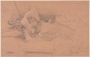 Sarah Bernhardt liggend op een divan, lezend, ca. 1885-1890 door Georges Jules Victor Clairin