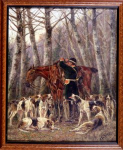 Laden op het paard van een hert gedood tijdens een jacht te paard - tekening door Georges La Roque, circa 1900