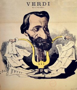 Cartoon van de componist Giuseppe Verdi door Pilotell, maart 1869. Conservatoire National de Musique, Parijs