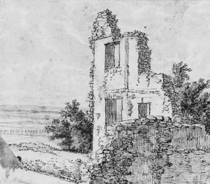 Een laan van bomen in een park recto, De ruïnes van een gebouw op een heuvel verso, n.d. door Georges Michel