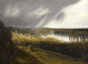 Frans: Uitzicht op de Seine met een postkoets door Georges Michel