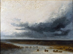 Landschap met vissers bij de monding van een rivier