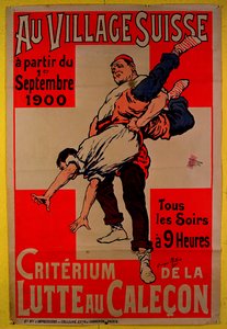 Poster die worstelwedstrijden in het Zwitserse dorp adverteert, 1900