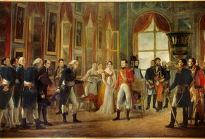 Napoleon I (1769-1821) ontving in Saint-Cloud de Senatus-Consulte die hem op 18/05/1804 tot keizer van de Fransen uitriep (achter de keizerin Josephine, zijn dochter Hortense en haar schoonzus Marie-Annonciade, Caroline Bonaparte (1782-1839)).