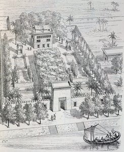 Uitzicht op Egyptische villa langs de Nijl, reconstructie door Chipiez, uit Geschiedenis van de kunst in de oudheid (Egypte, Assyrië, Perzië, Klein-Azië, Griekenland, Etrurië, Rome) door Georges and Chipiez Charles Perrot