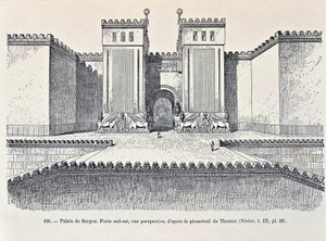 Reconstructie van de zuidoostelijke poort van het paleis van Sargon in Dur-Sharrukin door Georges and Chipiez Charles Perrot