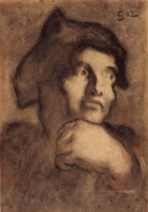 Studie van een mannenhoofd met linkerhand onder de kin door Georges d