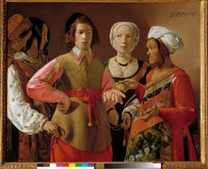 De waarzegster Schilderij door Georges de La Tour (1593-1652) circa 1630, Zon. 1,01x1,23 m New York. Metropolitan Museum