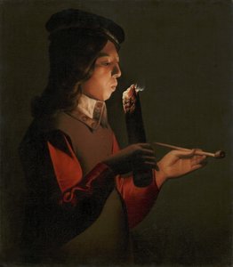 Een jonge jongen met een pijp, blazend op een brandende tak door Georges de La Tour