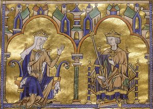 Blanche van Castilië en Koning Lodewijk IX van Frankrijk, uit Toledo Moralized Bible van St. Louis, circa 1227-1234