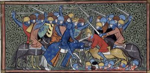 Charles Martel verslaat Eudo en de Saracenen, Grandes chroniques de France, Royal 16 G.VI, f.117v, ca. 1332-1350 (22727638241)