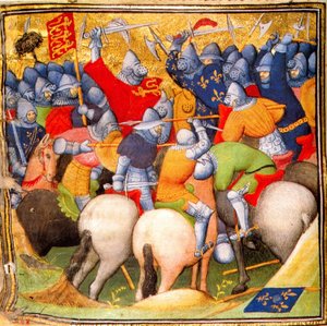 Engelsen vechten tegen Franse ridders tijdens de Slag bij Crécy in 1346, Grandes Chroniques de France, 1415 (26228020225)
