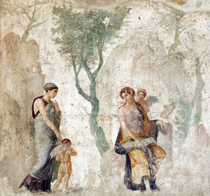 Eros door Peitho naar Aphrodite gebracht terwijl Anteros lacht omdat hij gestraft wordt omdat hij het verkeerde doelwit heeft gekozen, Pompeïaans fresco, circa 25 v. Chr. (28298194699)