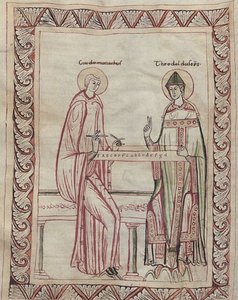Guido van Arezzo en bisschop Tedald werken aan een monochord, 11e eeuwse miniatuur (21954743795)