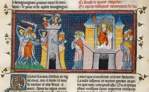 De plundering van Orléans door de Hunnen, gebed van Agnan, uit Chroniques de France ou de St Denis, 14e eeuw (22716441545)