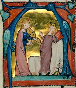 Jezus speelt muziek - Cisterciënzer Antifonarium (Delights Antiphonar), breisgau ca. 1300 (Karlsruhe, Badense Staatsbibliotheek, COD. St. Georgen 5, fol. 16 v) (46824974821)