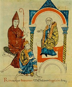 Koning -Heilige Roomse Keizer Hendrik IV- bidt tot abt -Hugh van Cluny- en smeekt Matilda -van Canossa-, uit Vita Mathildis, ca. 1115 (34295963116)