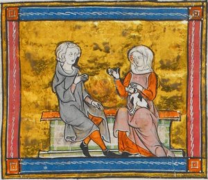Lancelot in gesprek met een dame die een klein zwart-wit hondje vasthoudt, uit Morte Artu, ca. 1315-1325 (41067329535)