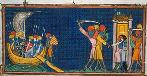 Lodewijk IX landt bij Tunis, en Fransen worden afgesneden door Saracenen in toren, uit Chroniques de France ou de St Denis, 14e eeuw (22528512660)