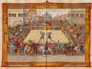 Maarschalk Wilhelm von Dornsberg en Theodor Haschenacker duelleren op de wijnmarkt van Augsburg, uit Fechtbucher van Jörg Breu de Jonge, ca. 1544 (48108343966)