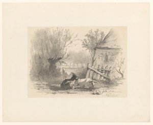 Twee geiten en een schaap bij een hek voor een huis door Gerard Bilders