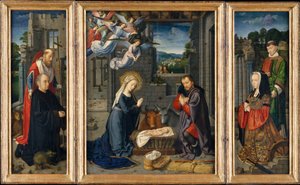 De Geboorte met Schenkers en Heiligen Hiëronymus en Leonardus, ca. 1510-15 door Gerard David