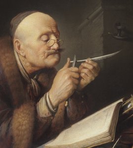 Geleerde die een ganzenveer scherpt