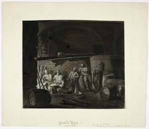 Wijnkelder met mannen die kaarten spelen door Gerrit Dou