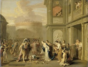 Koningin Cleophis biedt wijn aan Alexander de Grote na zijn verovering van Mazaka