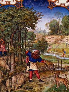 Maand november, Eikels verzamelen en hazenjacht, miniatuur uit Grimani Brevier, met miniatuur door Gerard Horenbout, Alexander en Simon Bening, cod Lat I, 99 f 11v, Nederland