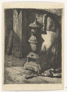 Studie van een interieur met kachel