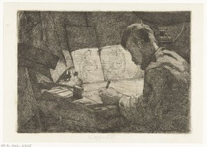 Zelfportret achter de tekentafel door Gerard Jan Bos