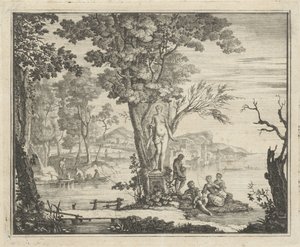 Rivierlandschap met hengelaars bij een beeld van Venus door Gerard Melder