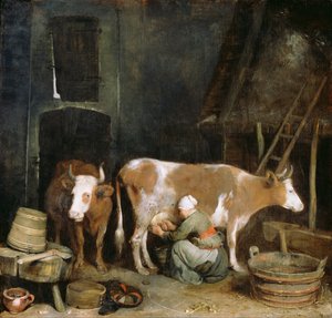 Een Dienstmeid Melkt een Koe in een Schuur, 1652-1654