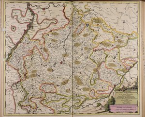 Chorographia ducatus Wurtenburgici quem ab una alteraque parte includunt quique ei includuntur marchionatus praepositura Badensis Elwangensis comitatus Hohenzolern Rechberg et affine almae civitatis Ulmae territorium. door Gerard Valck