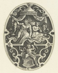 Vlakdecoratie: Hercules wurgt in zijn wieg de twee slangen Ovale vlakdecoraties met de daden van Hercules in grotesken (series title)