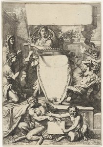 Cartouche omgeven door allegorische figuren door Gerard de Lairesse