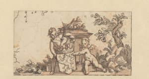 Ontwerp voor een vignet met twee putti met het wapenschild van Holland door Gerard de Lairesse