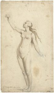 Eva die naar de appel reikt door Gerard ter Borch