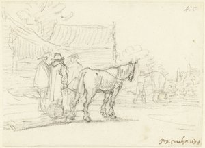 Drie mannen naast een paard en slede door Gerard ter Borch (II)