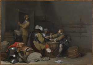 Bewakersruimte interieur met rokende en kaartspelende soldaten door Gerard ter Borch