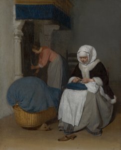 Vrouw naait naast een wieg, c.1656 door Gerard ter Borch