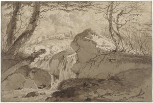 Berglandschap met waterval tussen bomen, waarlangs een schaapherder zijn kudde voert door Gerard van Nijmegen