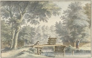 Landschap met een brug waarop een hengelaar