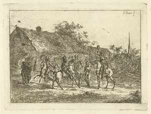 Cavalerie in een dorp door Gerardus Emaus de Micault