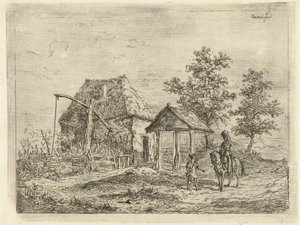 Cavalerist bij boerderij (De rijdende artillerist en de boer) door Gerardus Emaus de Micault