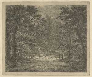 Herderin met koe in het bos door Gerardus Emaus de Micault